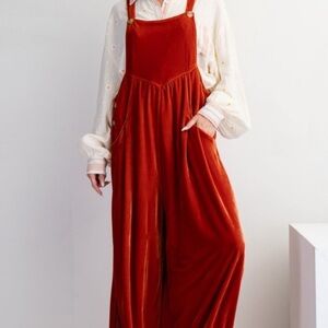 Easel Orange Velvet Jumpsuit with Wide-Leg Palazzo Design
